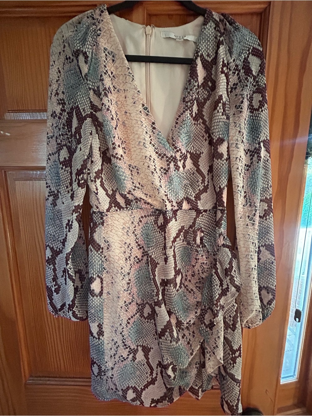 G by Guess Long-Sleeve Snake Print Wrap Dress in Beige, Teal & Brown
